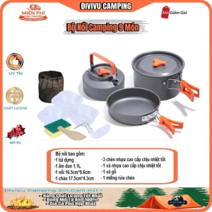 Bộ Nồi Cắm Trại 9 Món Hợp Kim Nhôm, Không Gỉ, Dành Cho 2-3 Người