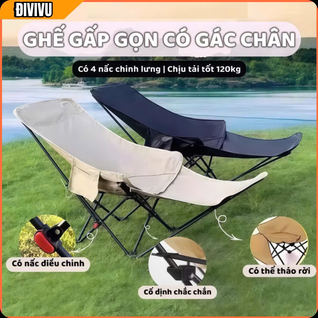 Ghế Nằm Ngã Lưng, Điều Chỉnh 4 Nấc Có Gác Chân Gấp Gọn